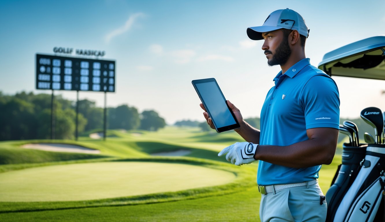 Seorang pegolf sedang menganalisis lapangan golf dengan tablet di tangan, berdiri di dekat kereta golf dengan klub golf, di lapangan hijau yang luas dan langit biru.