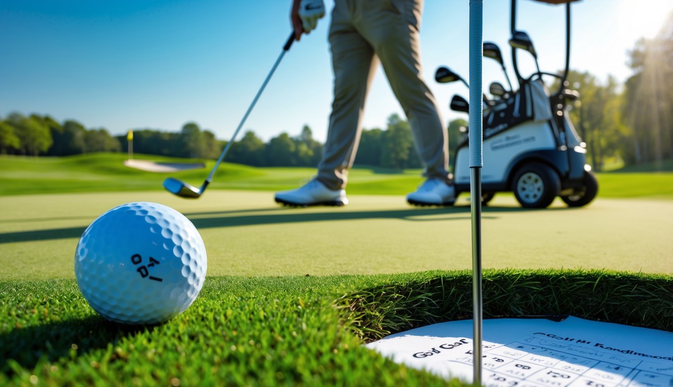 Lapangan golf dengan bola golf di dekat lubang dan seorang pemain golf sedang mengayunkan tongkat golf.