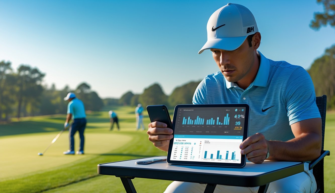 Seorang pemain golf sedang melihat data statistik pada tablet di lapangan golf sebelum memasang taruhan.