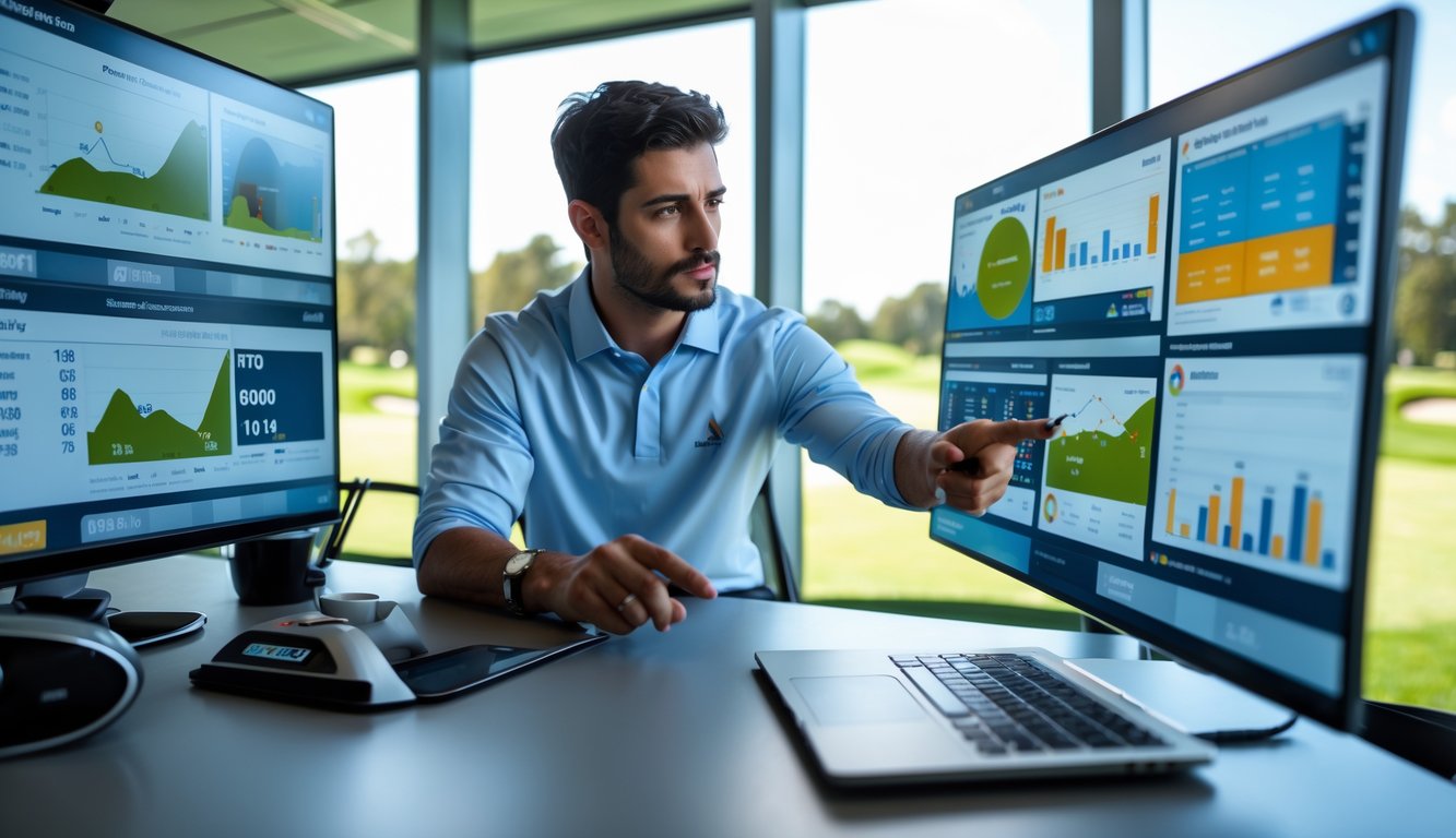 Seorang pria sedang menganalisis statistik pemain golf di depan layar komputer dengan grafik dan data, di ruang kantor dengan peralatan golf di latar belakang.