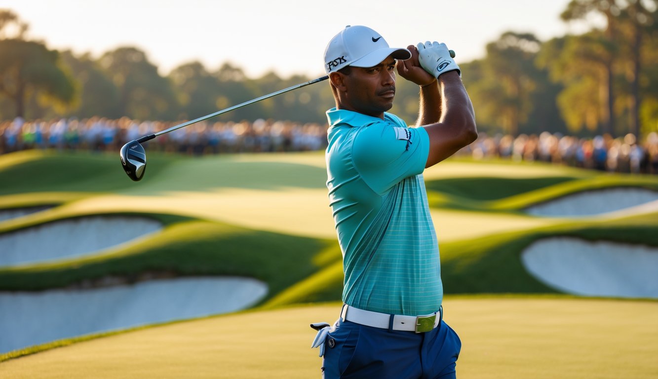 Seorang pegolf pria sedang melakukan ayunan di lapangan golf selama turnamen besar dengan penonton di latar belakang.