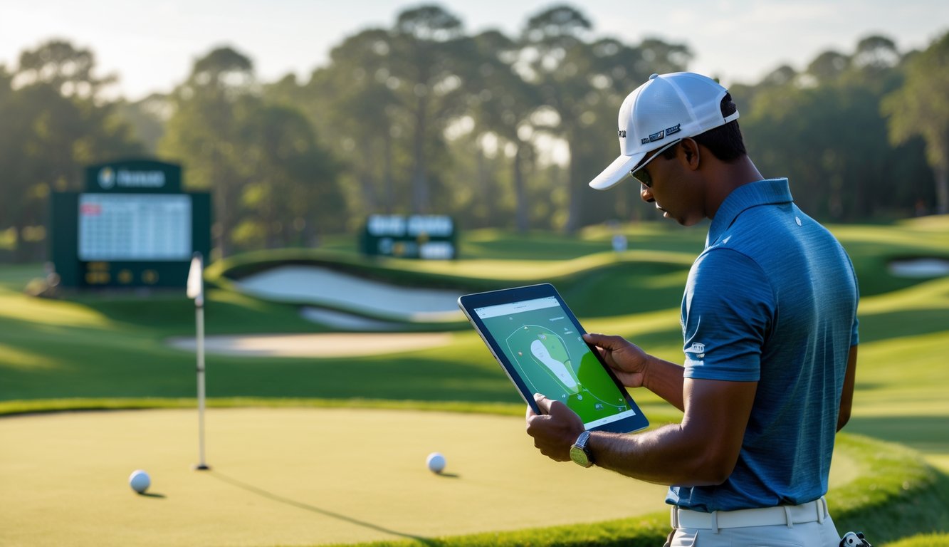 Seorang pegolf serius sedang melihat tablet di lapangan golf yang hijau dan terawat, dengan tas golf dan bola golf di dekatnya.