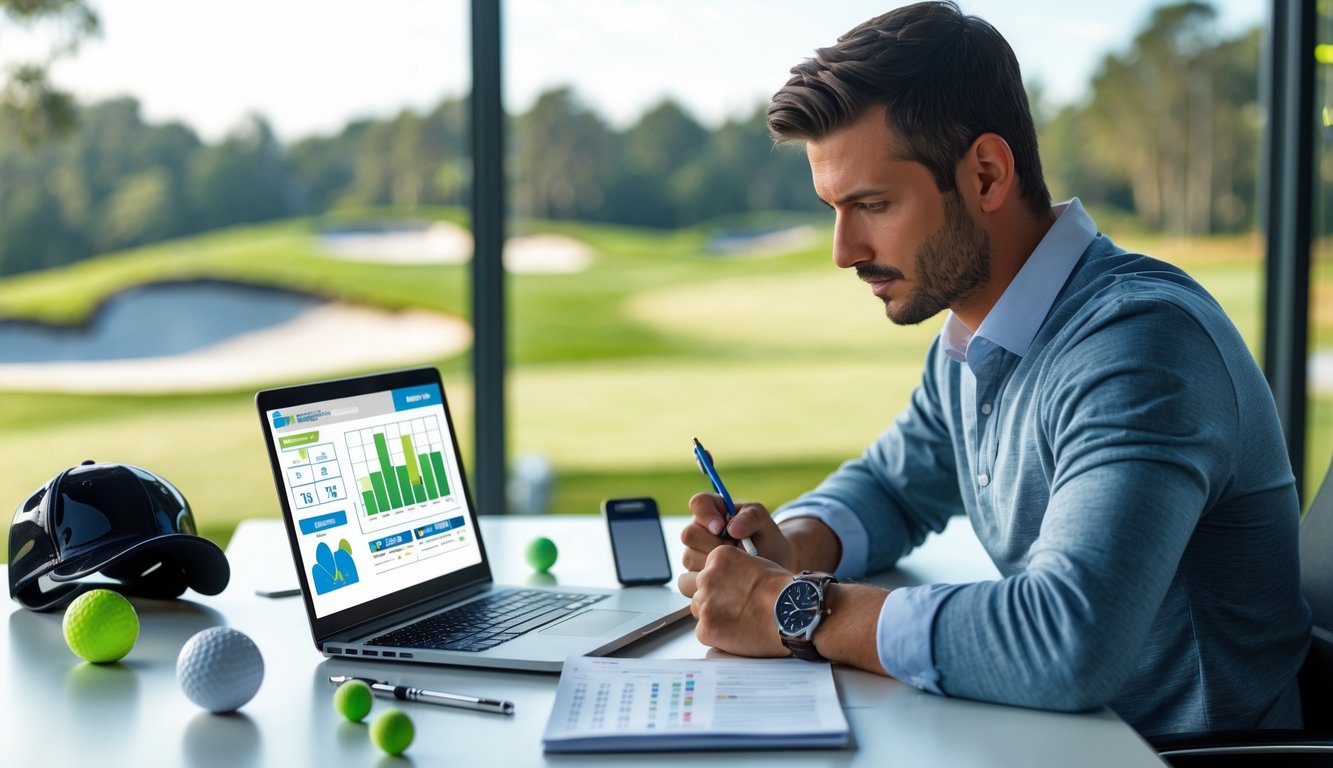 Seorang pria sedang duduk di meja dengan laptop dan peralatan golf, fokus menganalisis strategi taruhan golf.