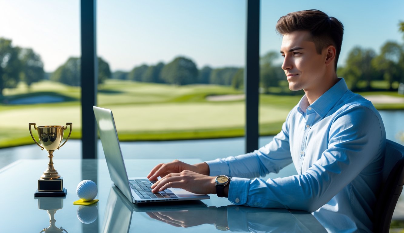 Seorang pria muda duduk di meja dengan laptop, melihat situs taruhan golf dengan latar belakang lapangan golf yang hijau.