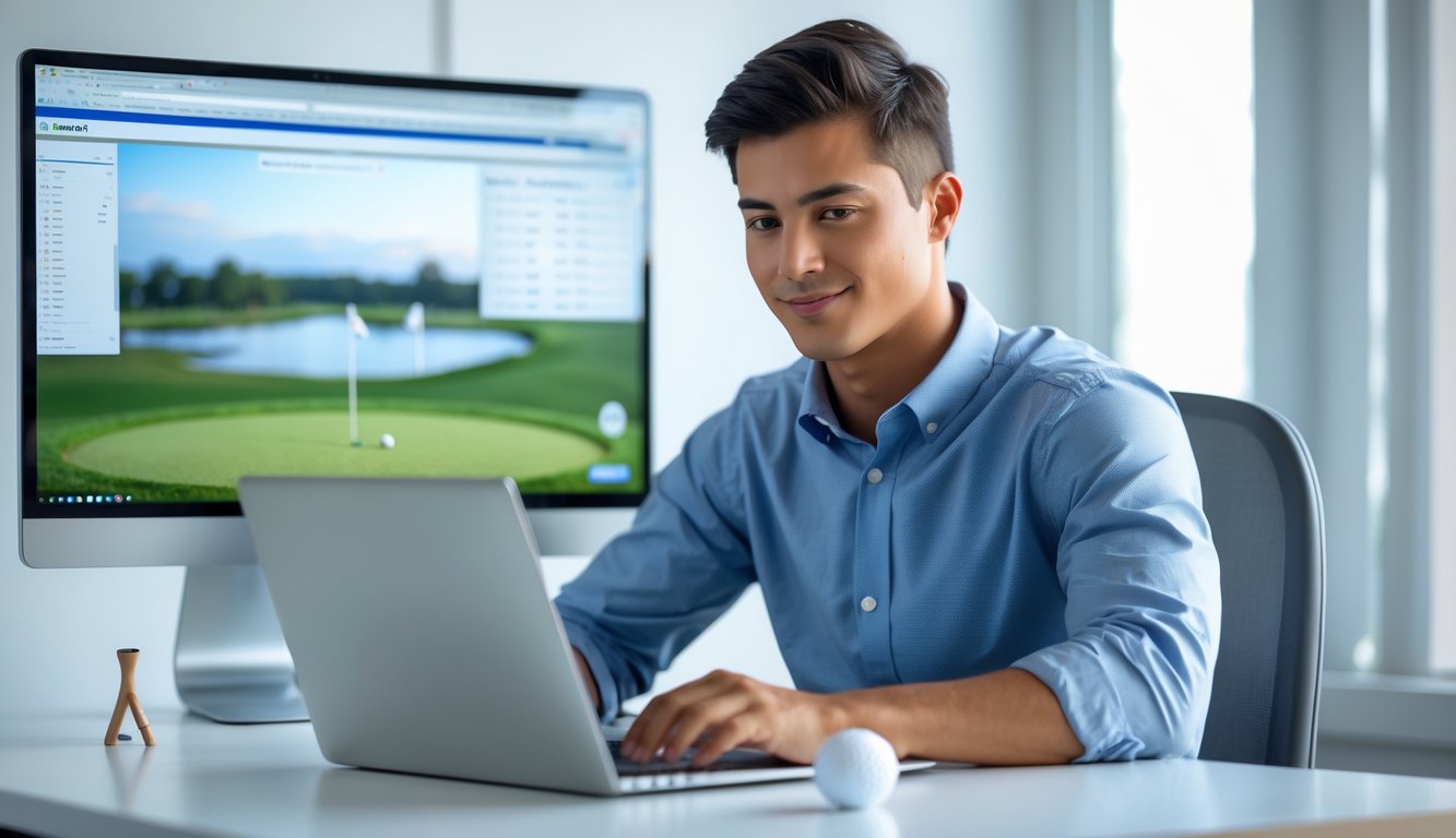 Seorang pria muda duduk di meja dengan laptop, melihat layar yang menampilkan lapangan golf, di kantor yang terang dan bersih.