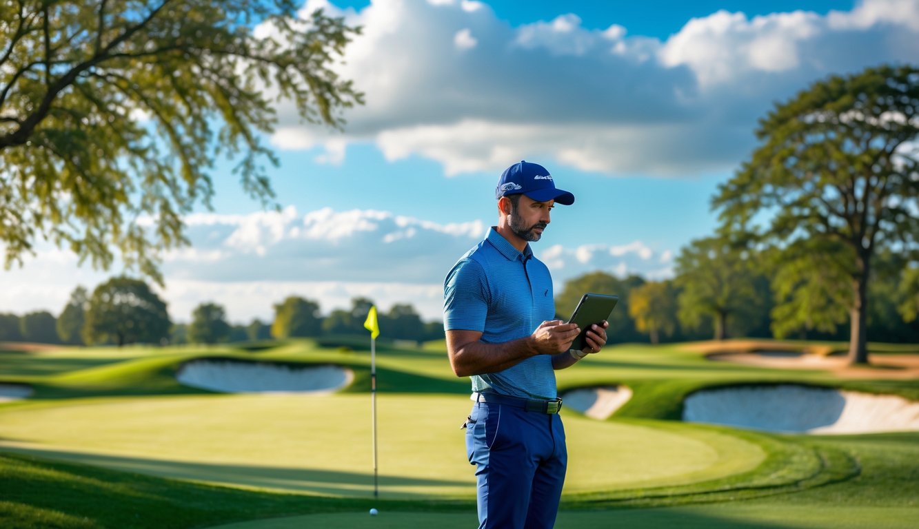 Seorang pegolf berdiri di lapangan golf yang hijau sambil melihat perangkat digital, dengan langit biru dan awan di latar belakang.