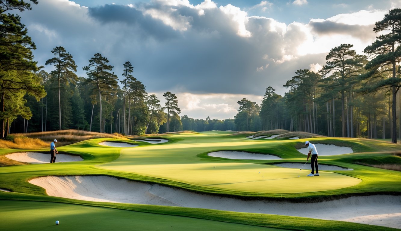 Lapangan golf hijau dengan pohon, bunker pasir, dan air, seorang pegolf sedang mengayunkan tongkat golf di bawah langit sebagian berawan.