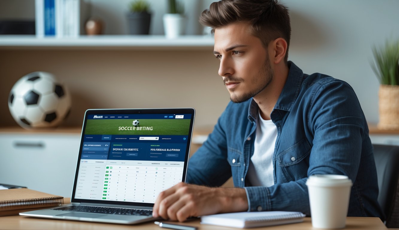 Seorang pria muda duduk di meja dengan laptop, fokus melihat layar yang menampilkan situs taruhan bola online, dengan bola sepak di rak dan secangkir kopi di meja.