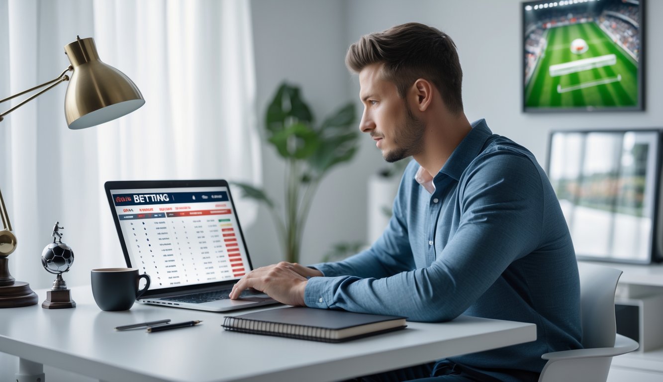 Seorang pria muda duduk di meja kerja dengan laptop, fokus melihat data taruhan bola online di ruang kerja yang terang dan rapi.