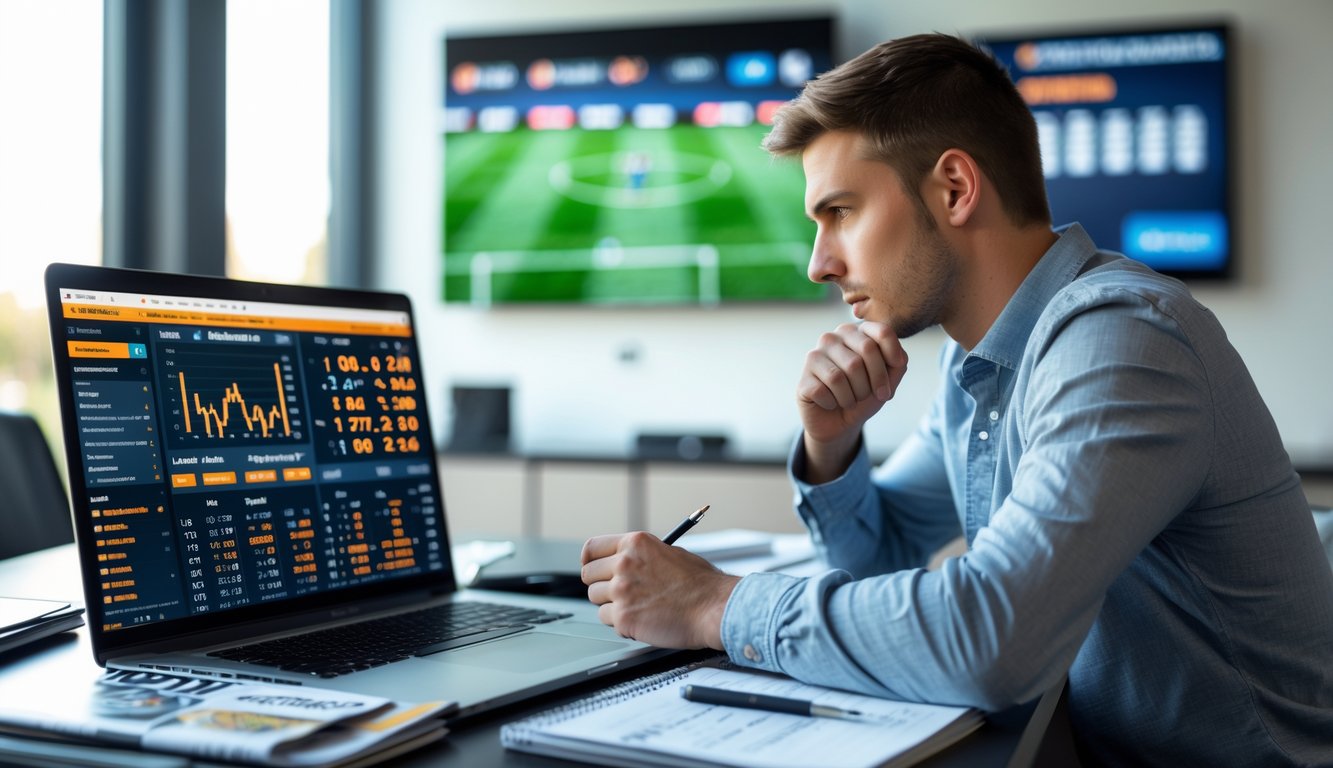 Seorang pria muda sedang menganalisis data taruhan sepak bola di depan laptop dengan layar menampilkan statistik dan peluang pertandingan.