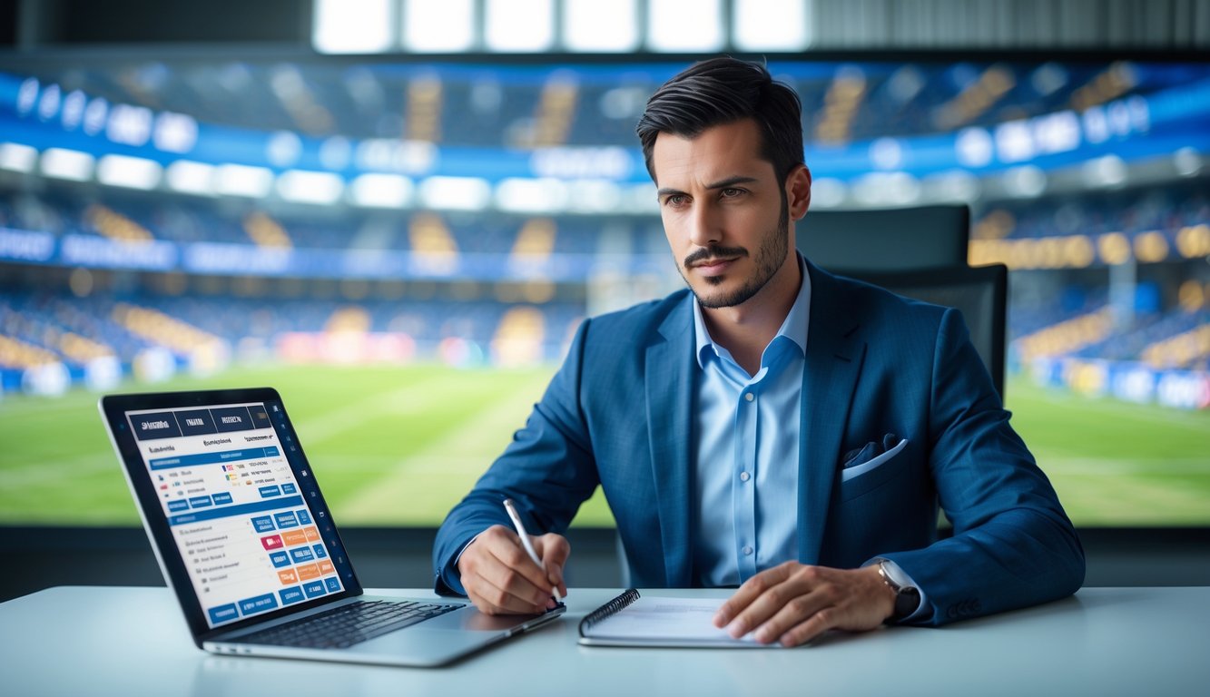 Seorang pria duduk di meja dengan perangkat digital yang menampilkan statistik dan peluang taruhan sepak bola, terlihat fokus dan serius menganalisis strategi taruhan.