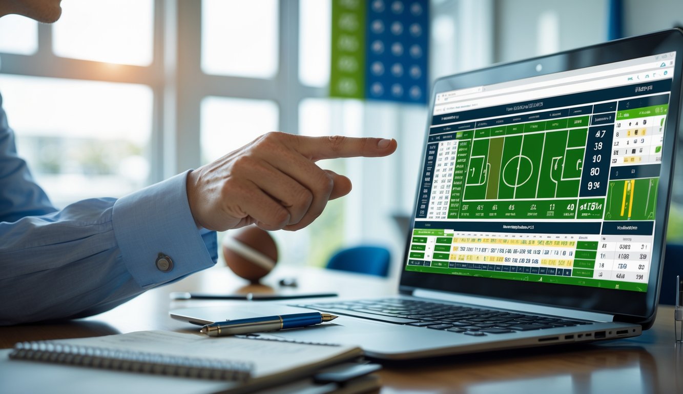 Seseorang sedang fokus melihat layar laptop yang menampilkan data odds taruhan bola dengan alat tulis di meja kerja.