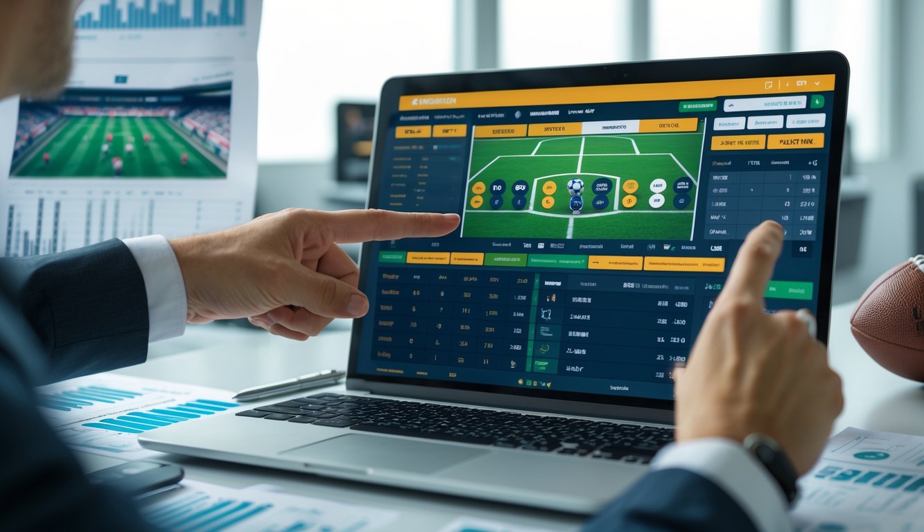 Seorang pria sedang menunjuk layar laptop yang menampilkan odds taruhan bola dengan grafik dan catatan di meja di lingkungan kantor.