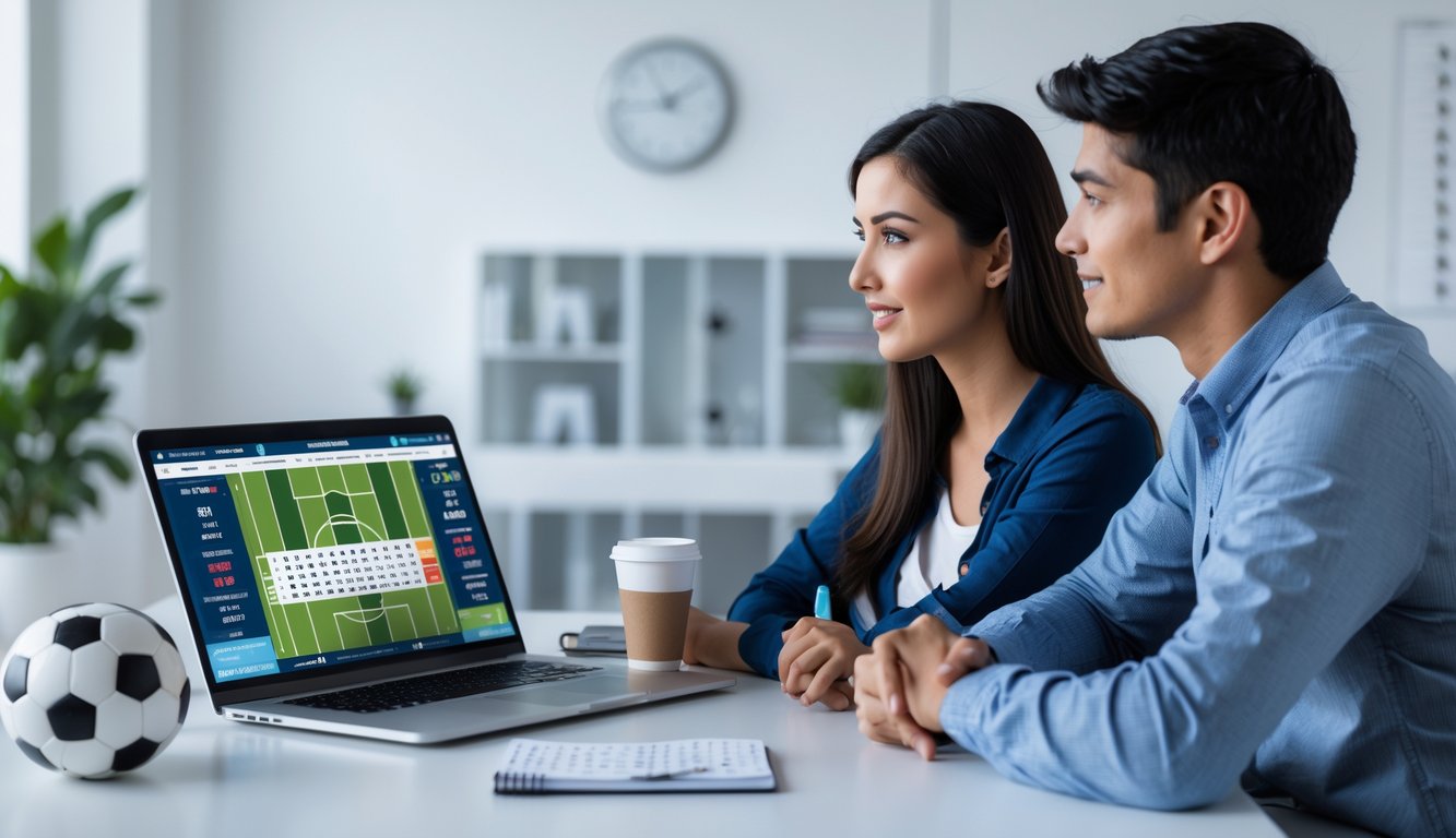 Dua orang muda duduk di meja dengan laptop yang menampilkan pertandingan sepak bola dan statistik taruhan, dikelilingi bola sepak dan catatan taruhan.