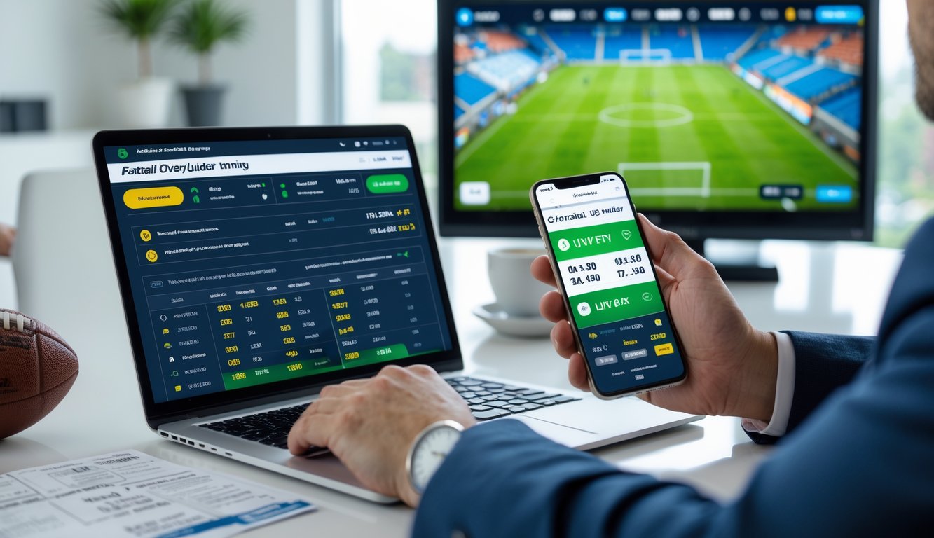 Meja kerja dengan laptop dan ponsel yang menampilkan aplikasi taruhan bola over/under, televisi menayangkan pertandingan sepak bola, suasana belajar taruhan bola.