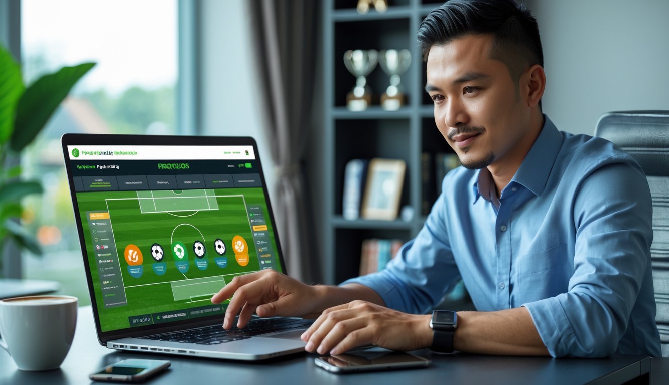 Seorang pria Indonesia duduk di meja dengan laptop, sedang melihat situs taruhan bola secara serius dan fokus.