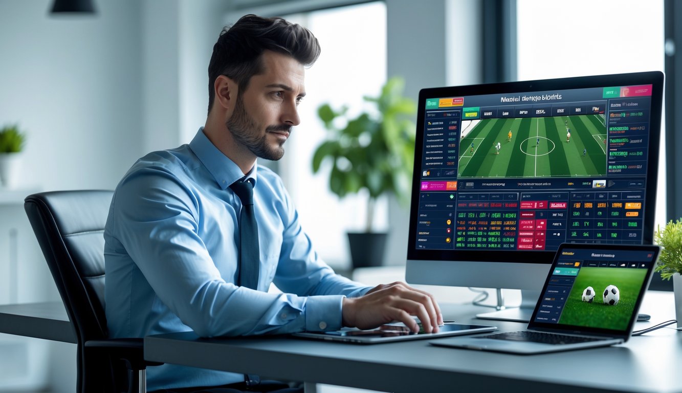 Seorang pria duduk di meja kerja modern sambil melihat layar laptop dan tablet yang menampilkan statistik pertandingan sepak bola.