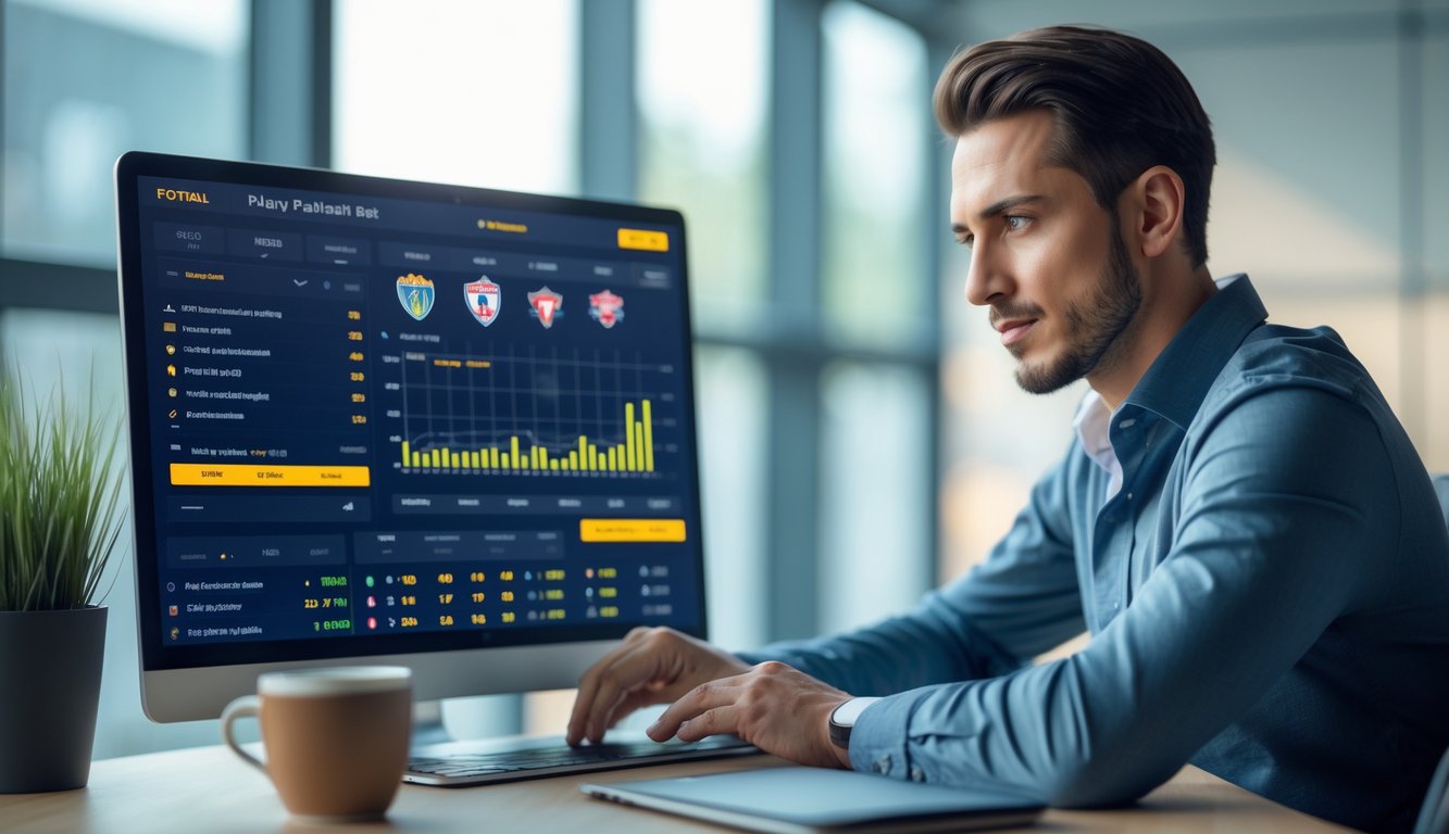 Seseorang sedang menganalisis statistik pertandingan sepak bola di layar digital di kantor modern.
