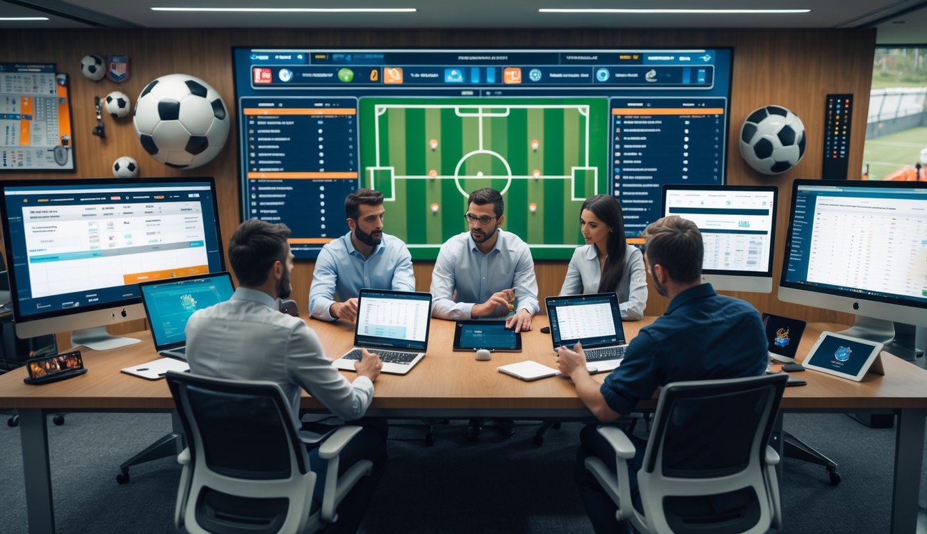 Sekelompok analis sepak bola sedang berdiskusi di meja dengan layar yang menampilkan statistik dan rekaman pertandingan.