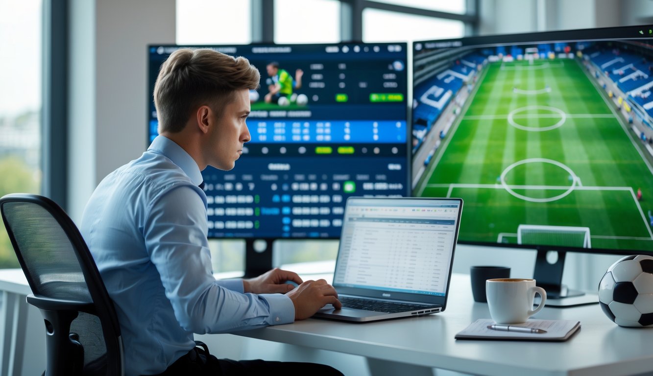Seorang analis olahraga sedang mempelajari statistik dan rekaman pertandingan sepak bola di kantor modern.