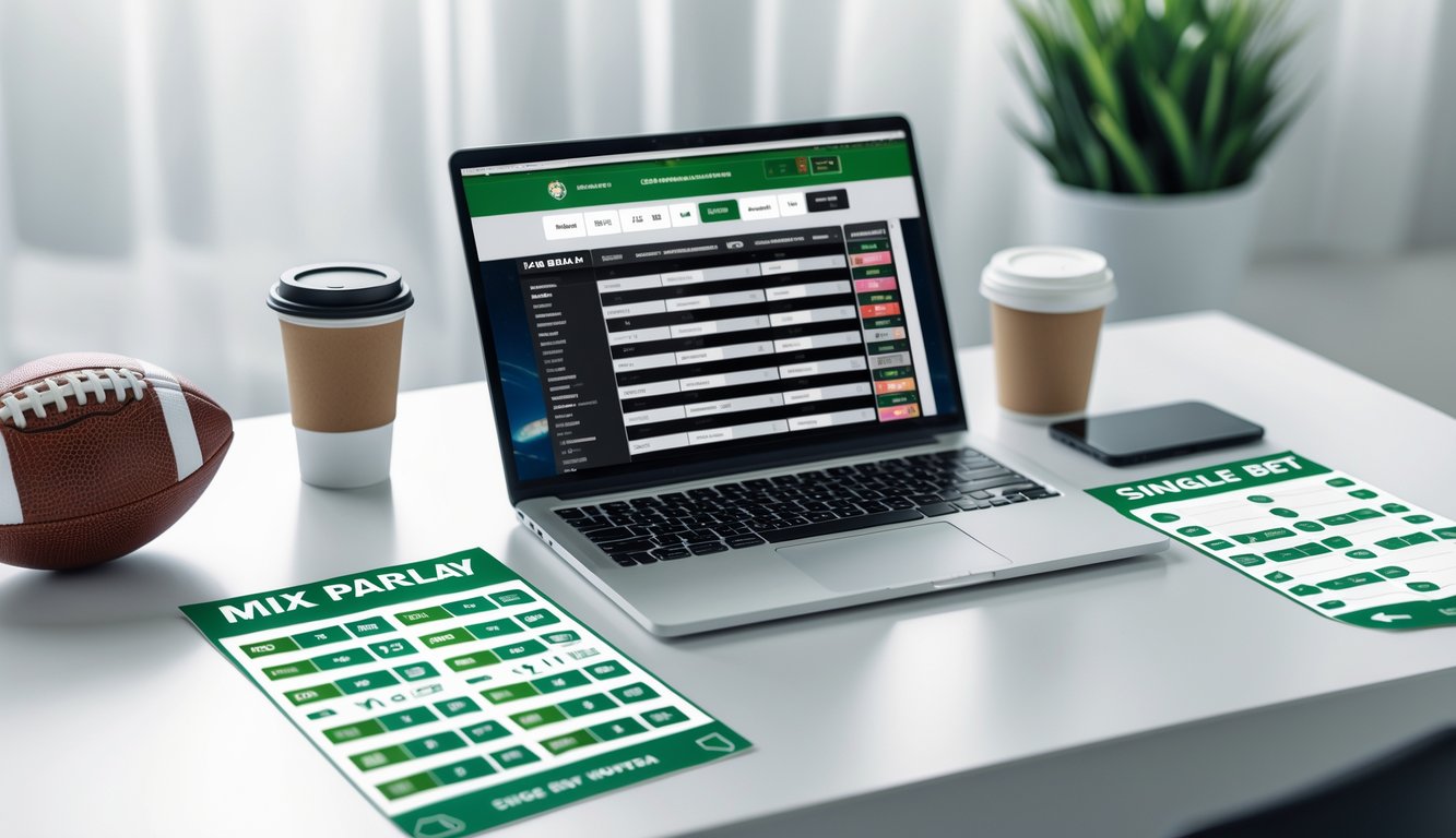 Meja kerja dengan laptop menampilkan situs taruhan bola, slip taruhan mix parlay dan single bet, bola sepak, dan ponsel dengan skor pertandingan.