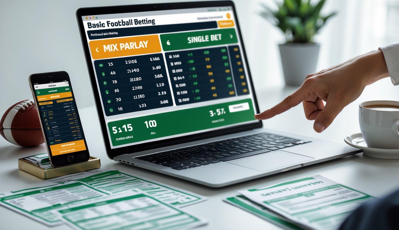 Meja kerja dengan laptop yang menampilkan statistik taruhan bola, slip taruhan, ponsel dengan aplikasi taruhan, bola sepak, dan tangan seseorang menunjuk layar laptop.