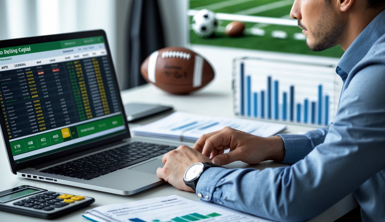 Seseorang duduk di meja dengan laptop dan alat tulis, menganalisis data taruhan bola secara serius.