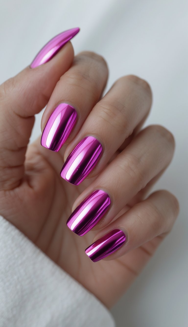 Close-up of a hand with manicured nails featuring magenta chrome French tips on a glossy nude base against a white background.