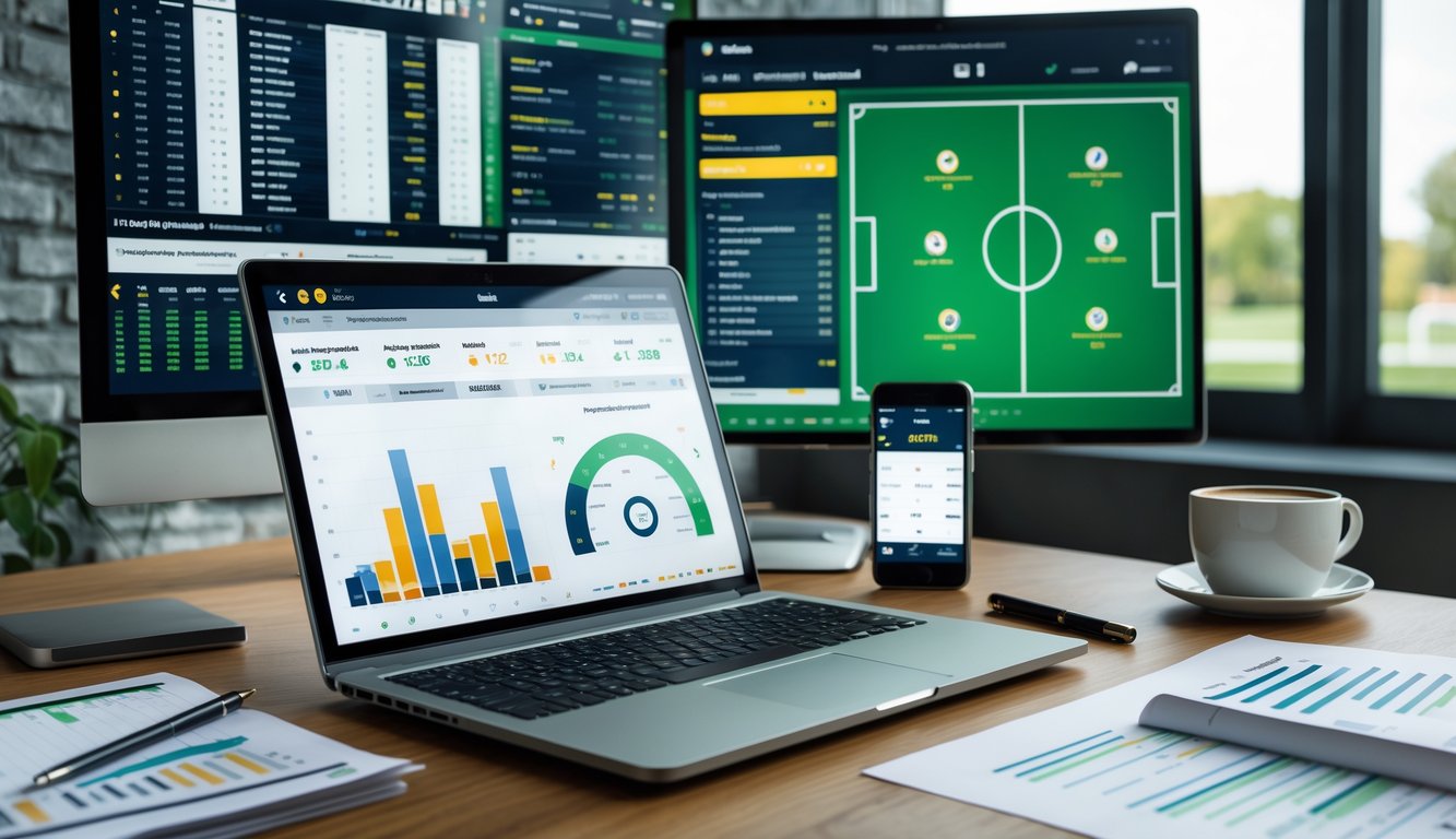 Meja kerja dengan laptop, ponsel, dan grafik statistik sepak bola yang menunjukkan analisis data taruhan bola.