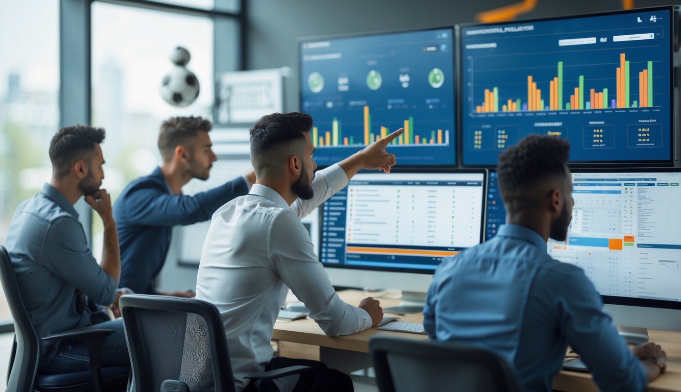 Sekelompok analis sedang melihat layar komputer dengan data statistik sepak bola di sebuah kantor modern.