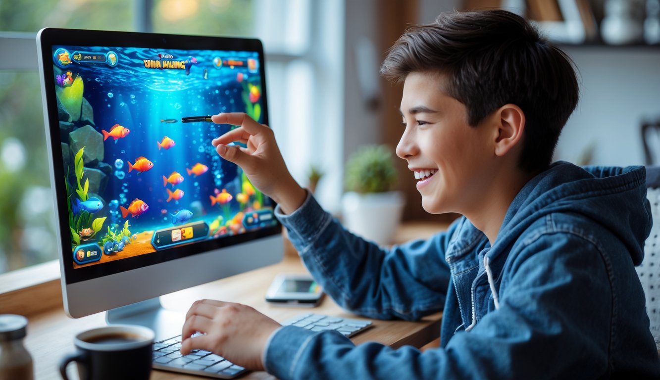 Seorang pemula sedang bermain game tembak ikan di komputer dengan ekspresi fokus dan senang di sebuah ruangan yang nyaman.