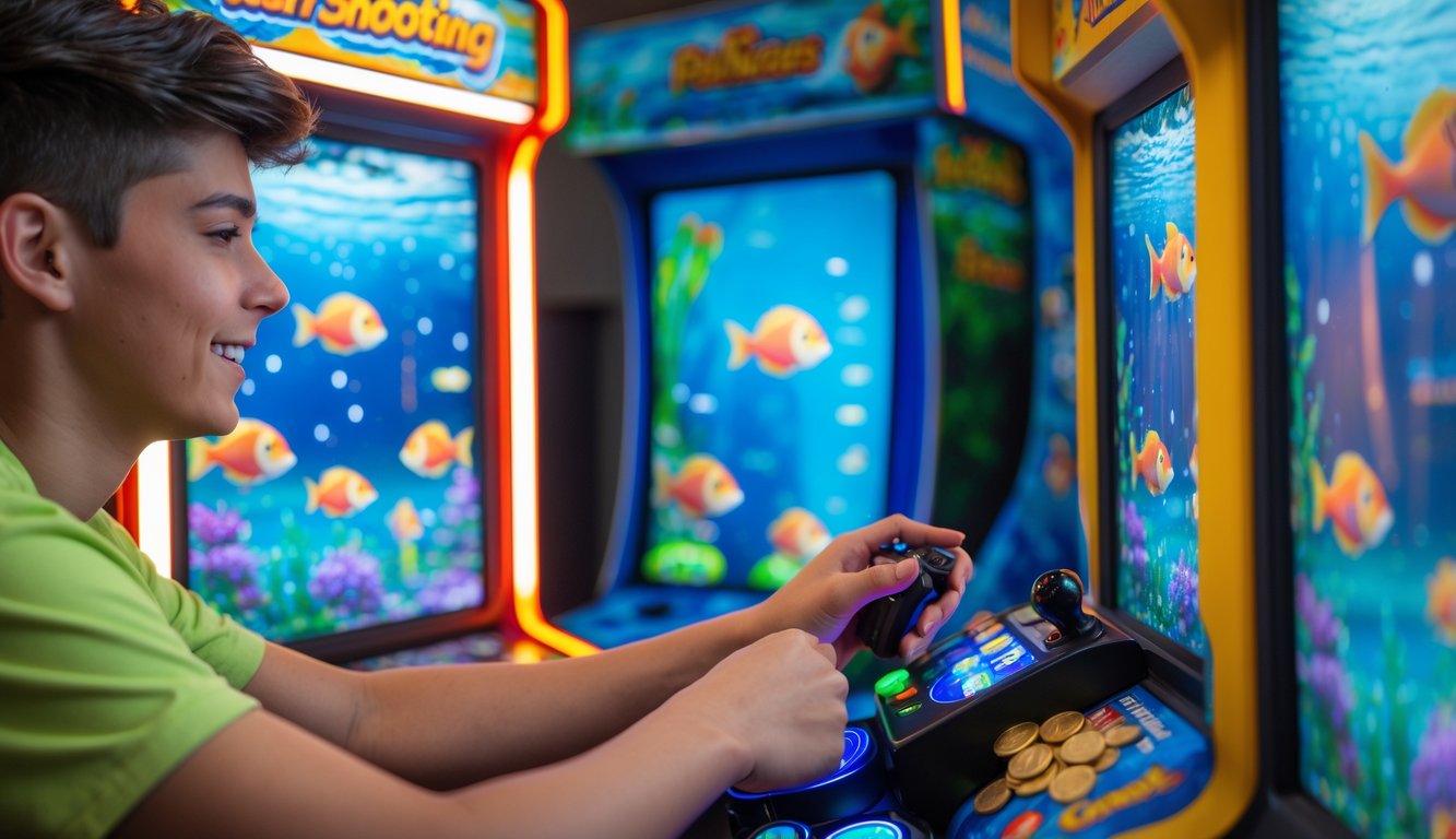 Seorang pemain muda sedang fokus bermain mesin permainan tembak ikan dengan latar belakang grafis bawah laut yang berwarna-warni.