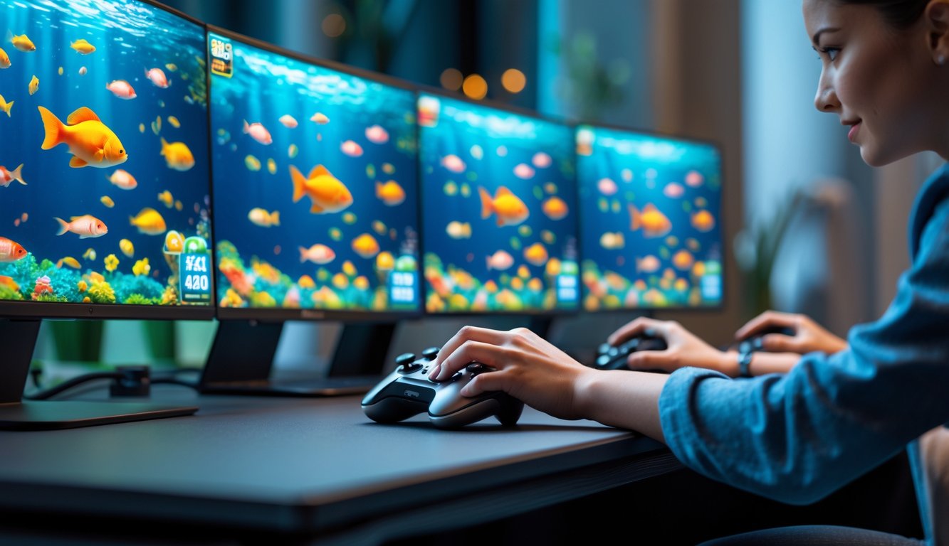 Seorang pemain sedang fokus bermain game tembak ikan online dengan layar komputer menampilkan ikan berwarna-warni dan simbol jackpot.