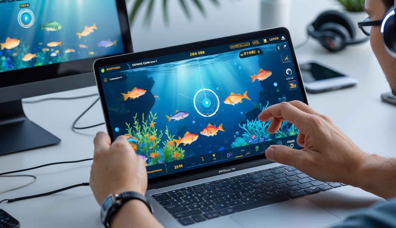 Seseorang bermain permainan tembak ikan online di komputer dengan gambar ikan berwarna-warni di layar.