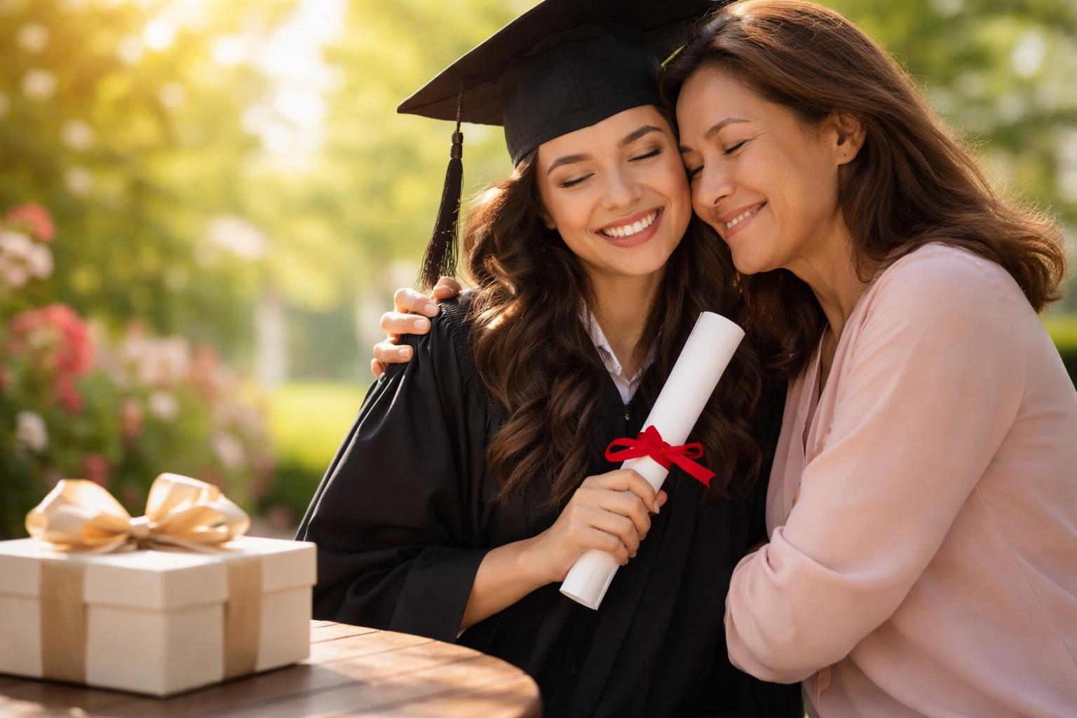 A parent hugging their daughter who is wearing a graduation cap and gown, both smiling with tears of happiness outdoors near a gift box on a table.