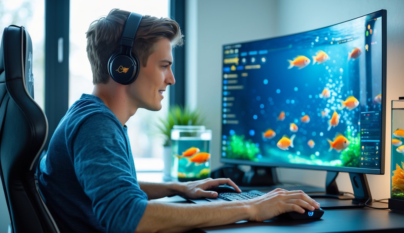 Seorang pria muda bermain game tembak ikan di depan komputer di ruangan yang rapi dan terang.