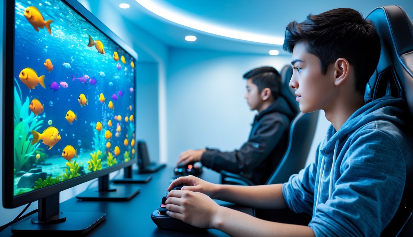 Seorang pemain game sedang fokus bermain permainan tembak ikan dengan layar penuh warna ikan dan latar belakang bertema bawah laut.