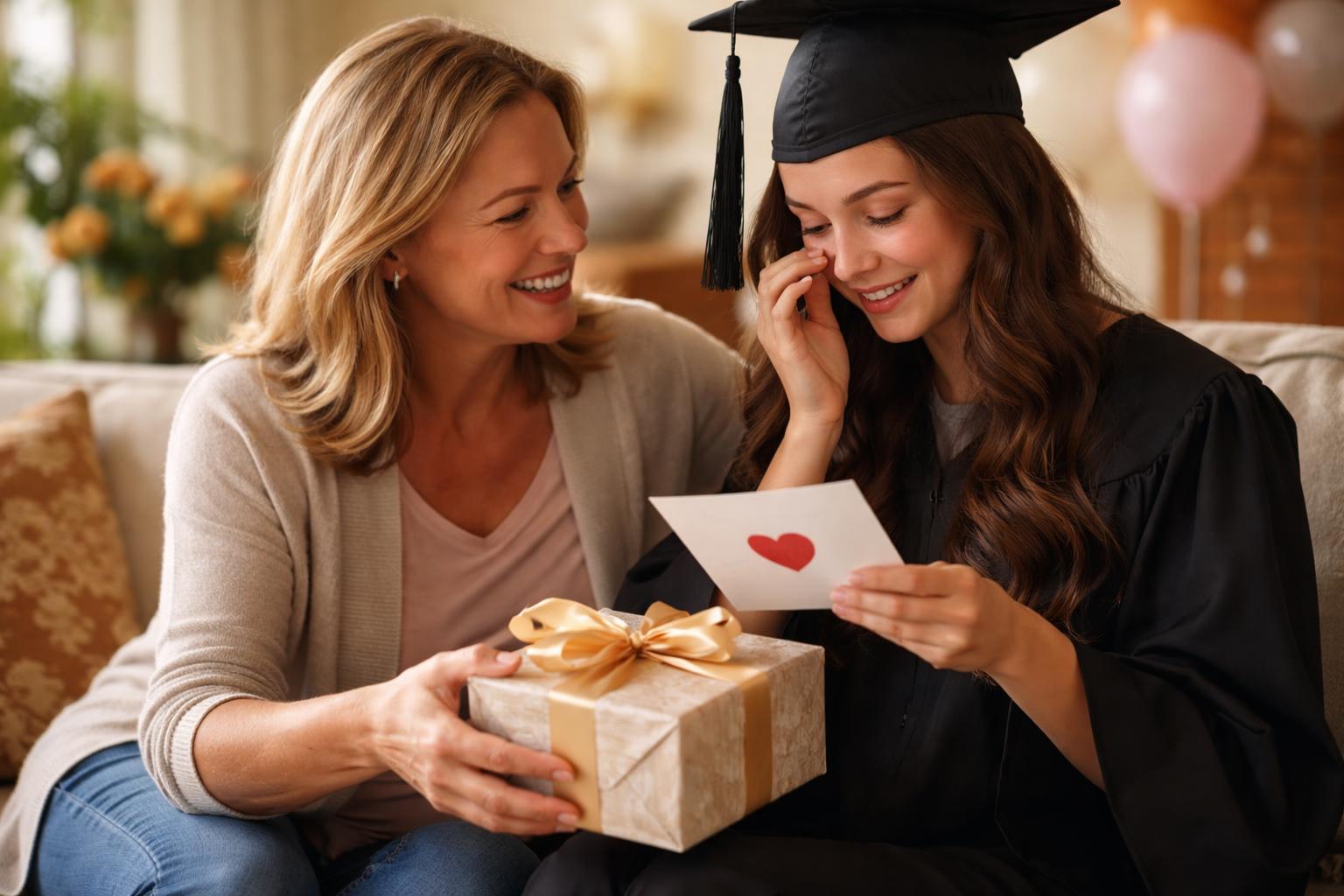 A parent giving a graduation gift to their daughter who is wearing a cap and gown and wiping away tears of joy.