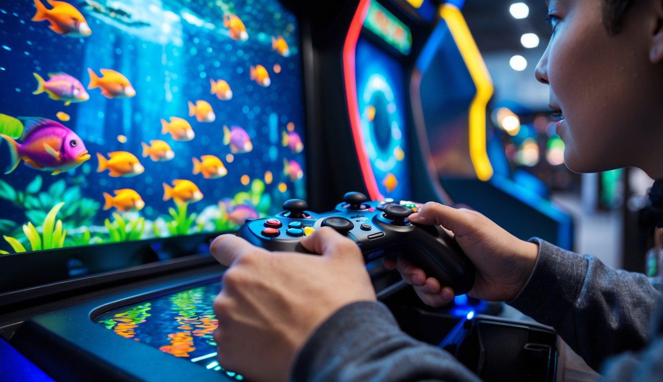 Seorang pemain sedang fokus memainkan permainan tembak ikan dengan layar berwarna-warni dan kontroler di pusat permainan dalam ruangan.