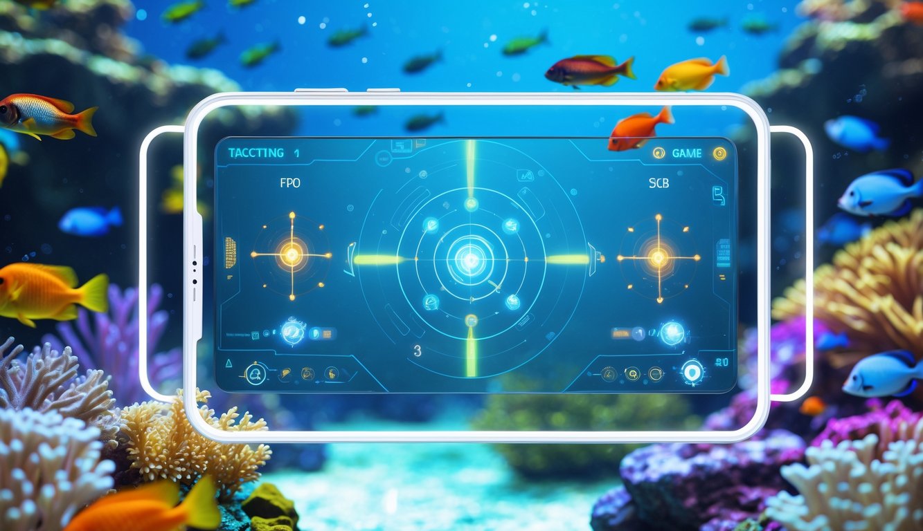 Pemandangan bawah laut dengan terumbu karang berwarna-warni dan ikan-ikan, serta tampilan antarmuka permainan menembak ikan di layar transparan.