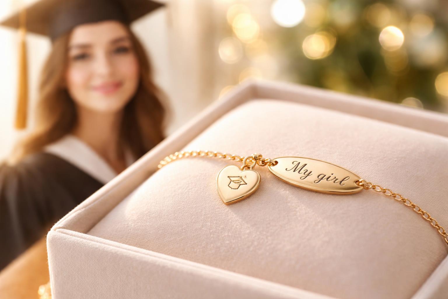 Close-up of a personalized piece of jewelry with inscriptions, with a smiling young woman in graduation attire blurred in the background.