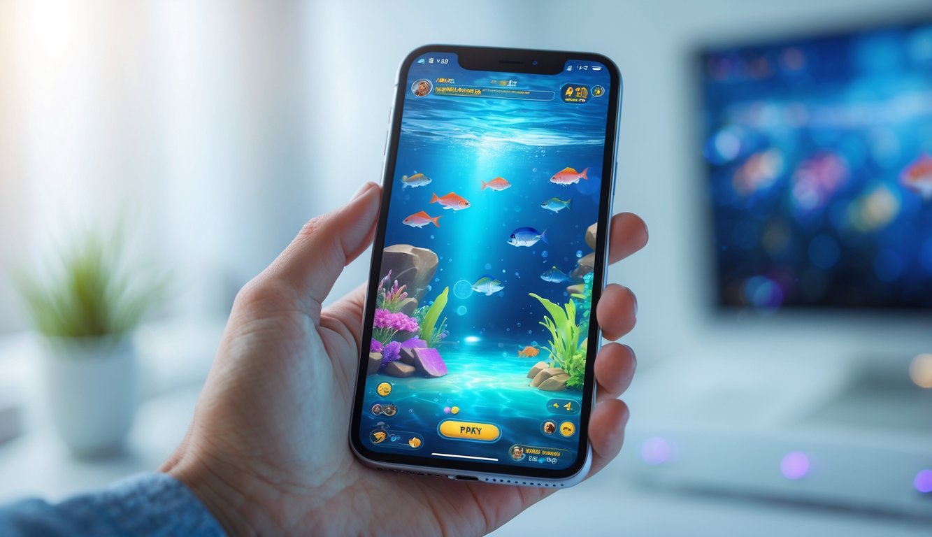 Seseorang memegang ponsel yang menampilkan permainan ikan di layar dengan latar belakang samar.