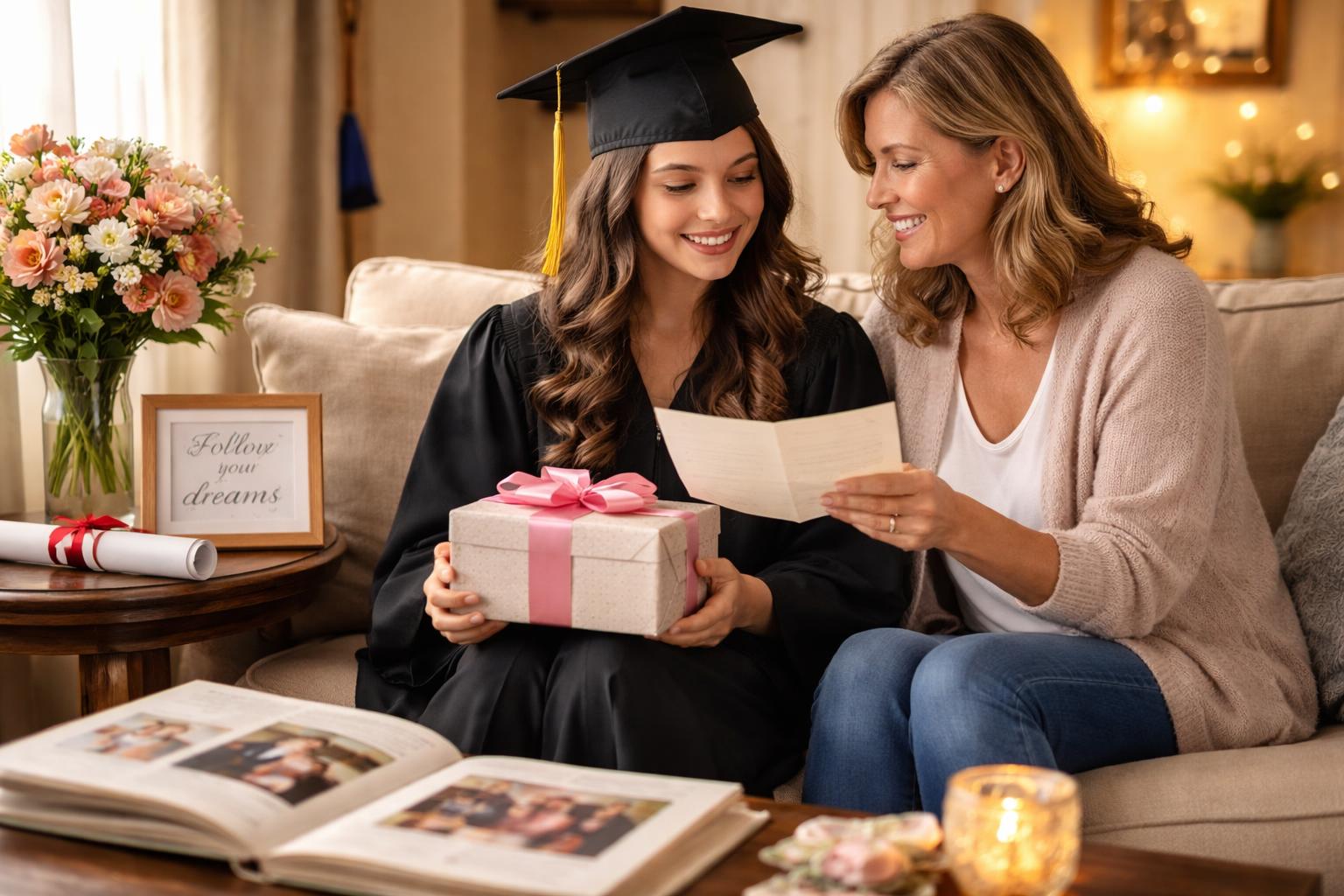 A mother gives her daughter a gift and letter as the daughter in a graduation gown sits on a sofa surrounded by keepsake items and flowers.