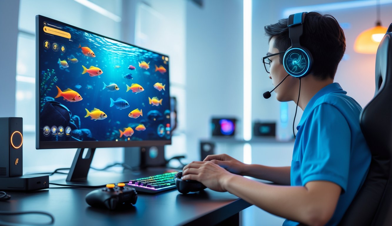 Seorang pemain sedang menggunakan komputer dengan layar menampilkan permainan tembak ikan berwarna-warni di ruangan yang terang dan modern.