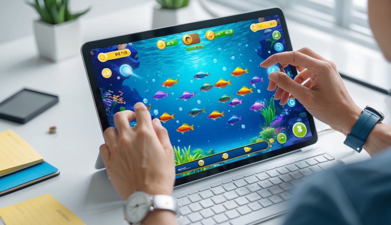 Seseorang sedang bermain permainan tembak ikan di perangkat digital dengan latar bawah laut penuh ikan berwarna-warni.