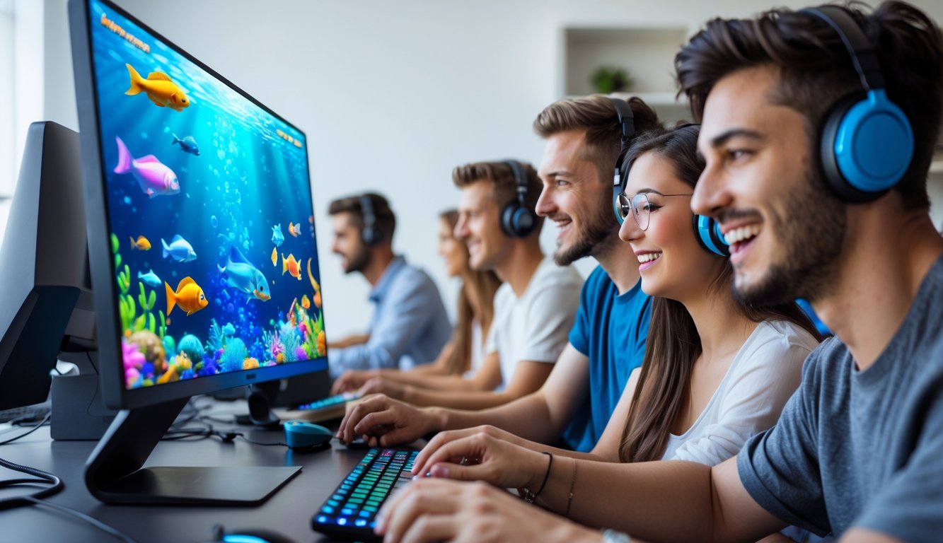 Beberapa orang muda sedang bermain permainan tembak ikan online di komputer dengan ekspresi fokus dan antusias.