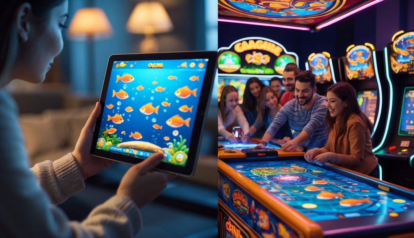 Seseorang bermain game tembak ikan online di tablet di dalam ruangan, dan sekelompok orang bermain game tembak ikan offline di mesin arcade di ruang permainan.
