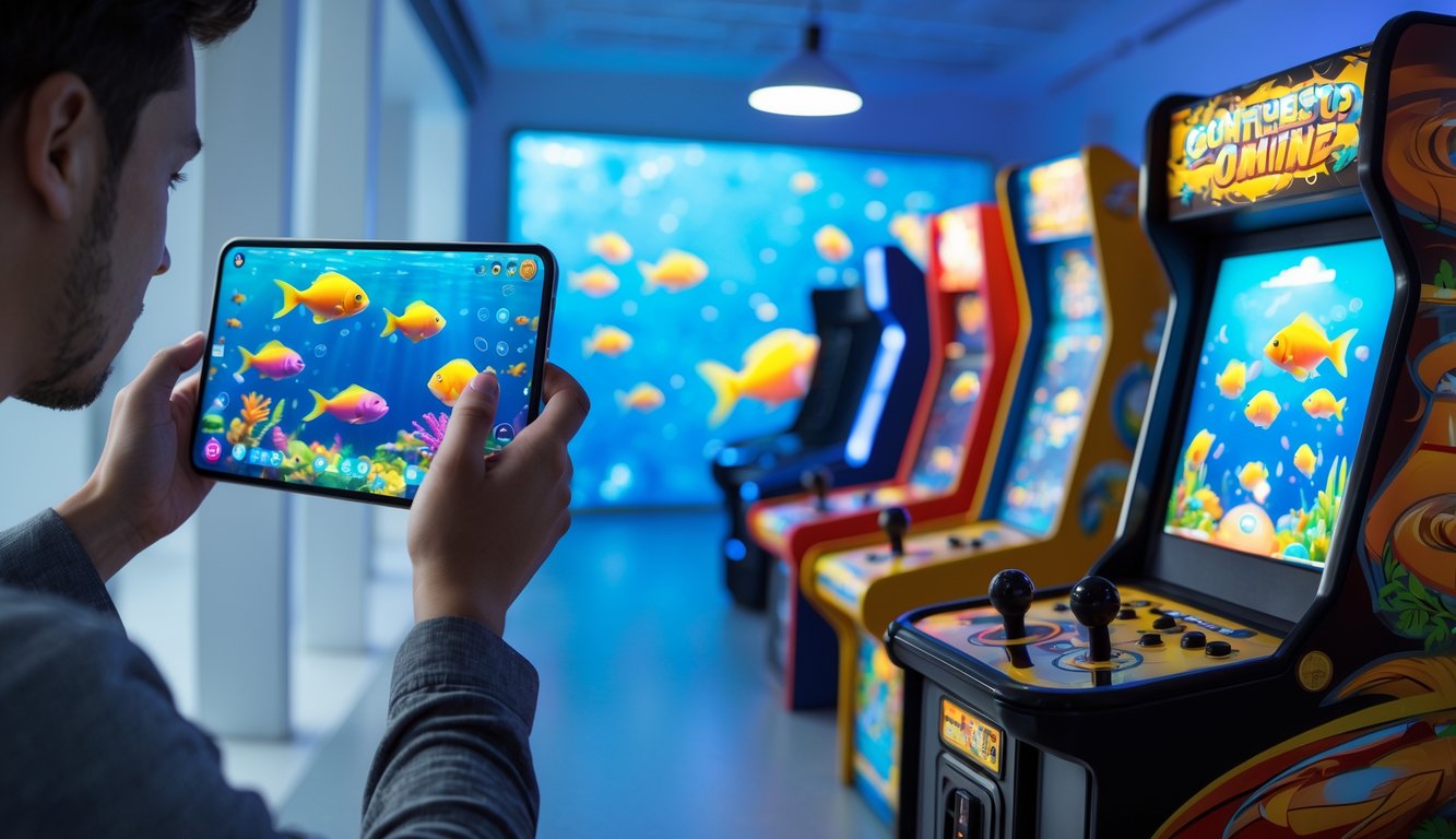 Dua orang bermain permainan tembak ikan, satu menggunakan perangkat digital online dan satu menggunakan mesin arcade offline.