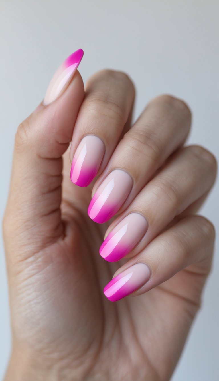 Close-up of one hand with neatly manicured nails featuring a pink to magenta gradient on a white background.