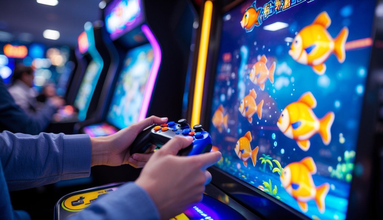 Seseorang sedang bermain permainan tembak ikan di mesin arcade dengan latar belakang mesin permainan lainnya.